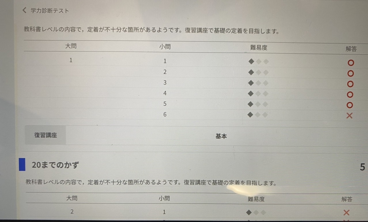 学力診断テストの詳細な結果