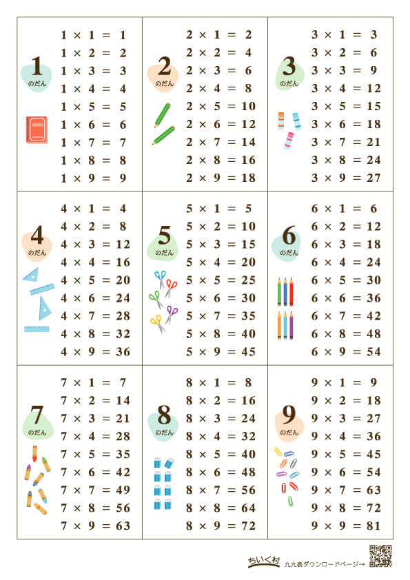 九九表9種を無料ダウンロード配布！シンプル・おしゃれ・かわいい掛け算表｜ちいく村｜幼児向け通信教育を比較するブログ